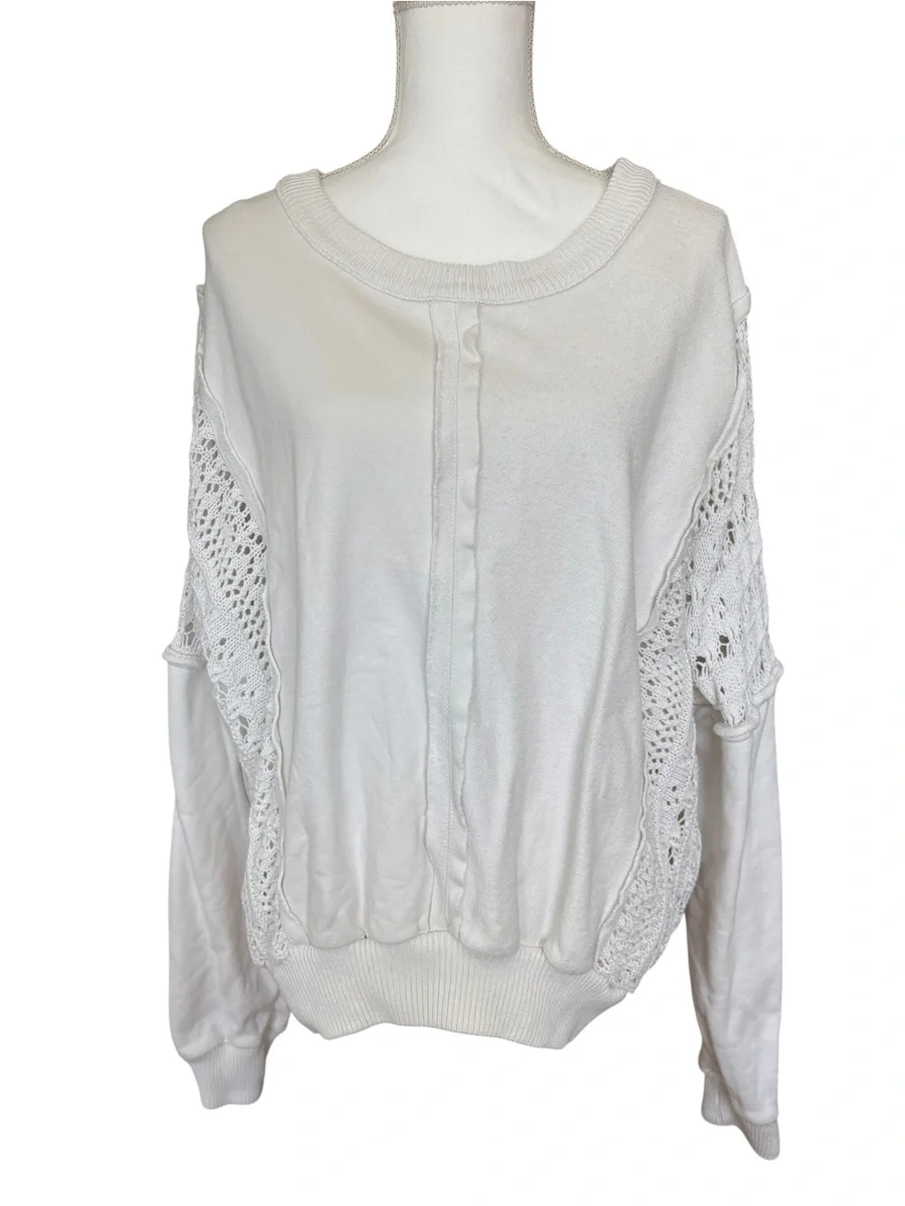 Tribal Jeans Cream Mixed Media Crochet Knit Detail Pullover Sweater Size XL - Picture 3 of 13